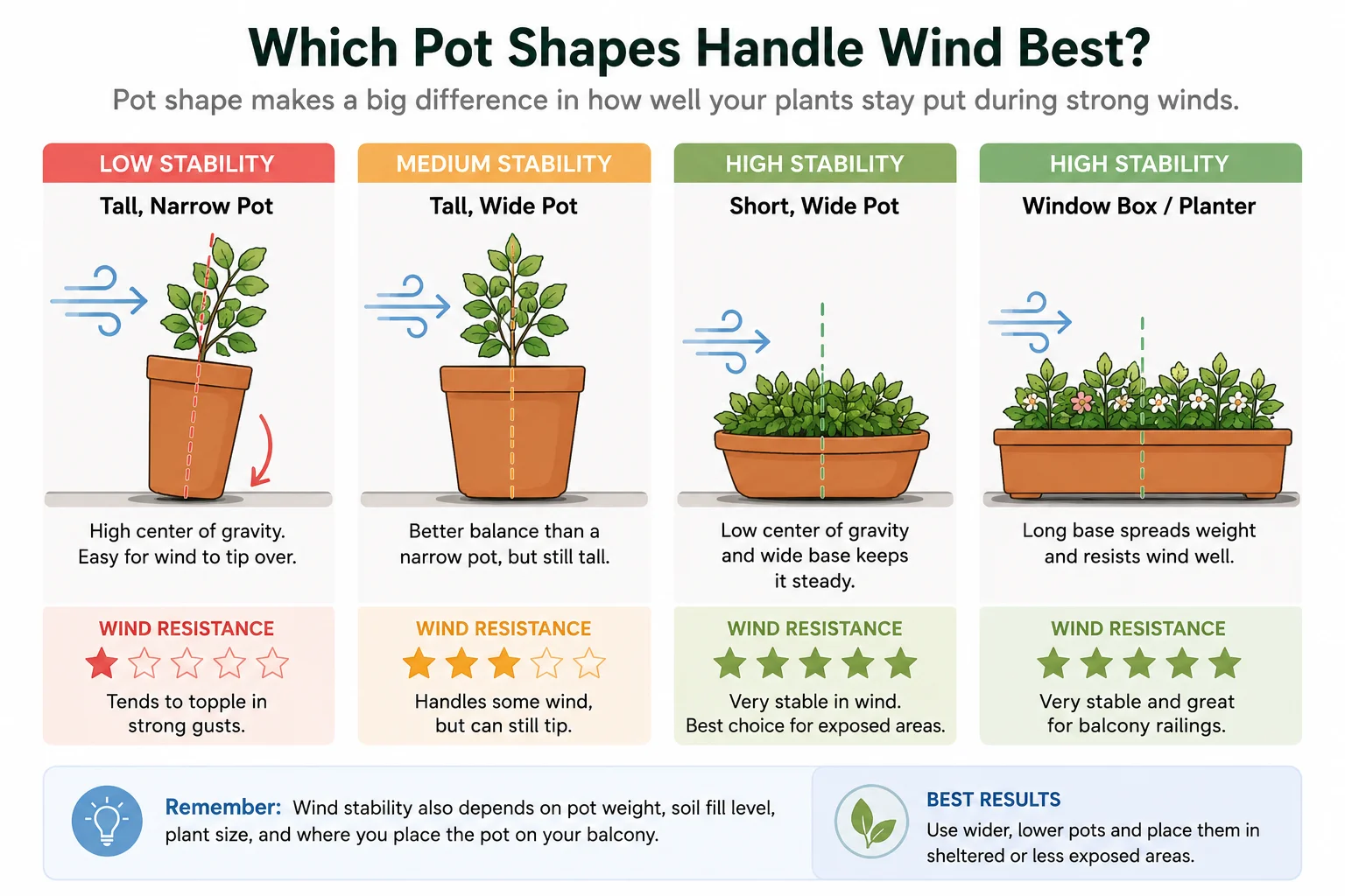 Diagram comparing tall narrow pots, tall wide pots, short wide pots, and window box planters for balcony wind stability
