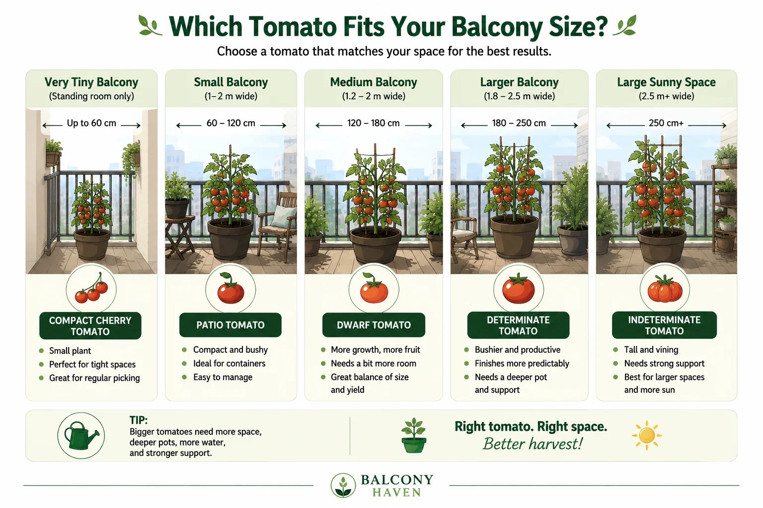Best tomato types for different balcony sizes diagram