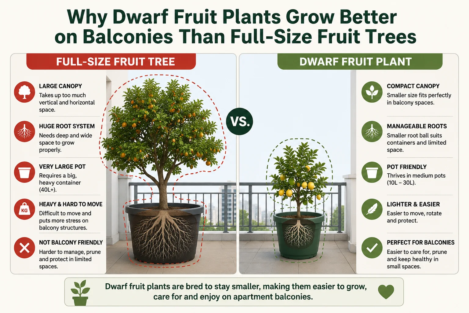 Why dwarf fruit plants grow better on balconies than full-size fruit trees diagram