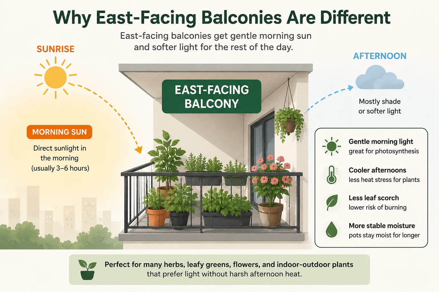 Simple diagram showing how an east-facing balcony receives gentle morning sun, softer midday light and afternoon shade for plants