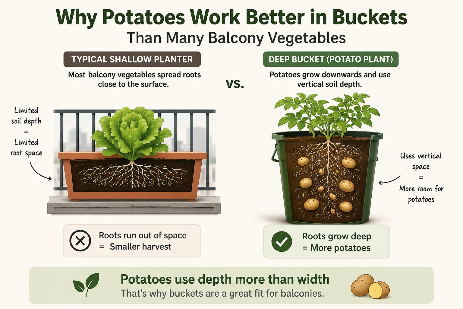 Diagram showing why potatoes use vertical bucket space well on balconies