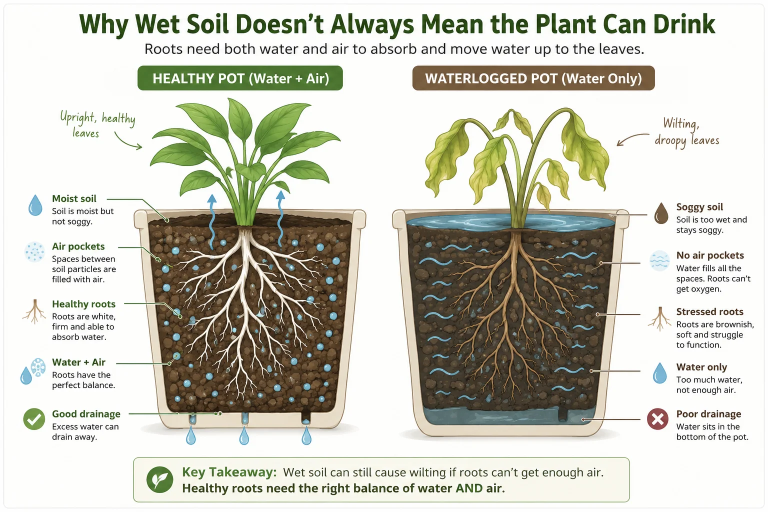 Diagram showing why wet balcony soil does not always mean plant roots can absorb water