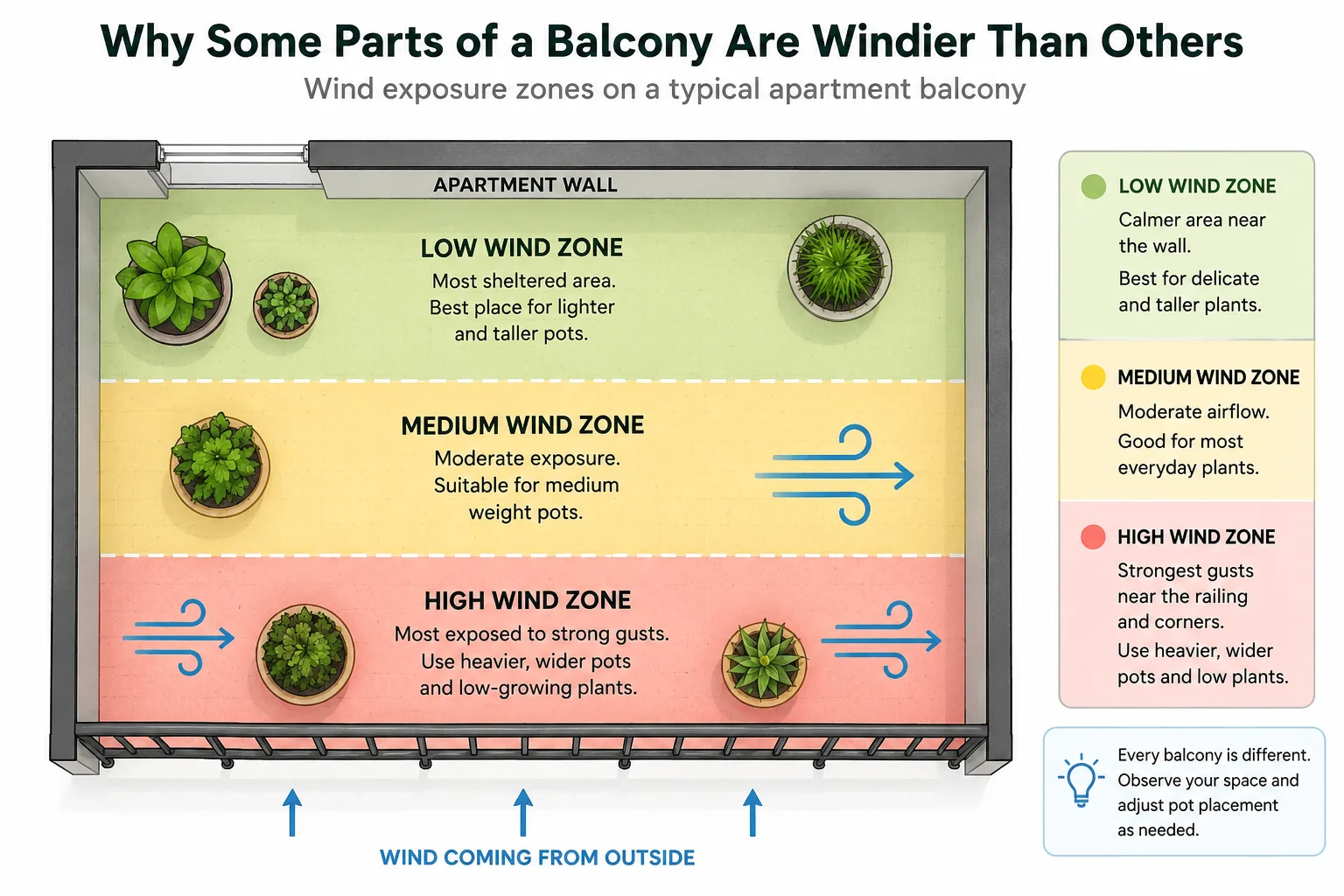 Diagram showing where wind pressure is highest on a typical apartment balcony