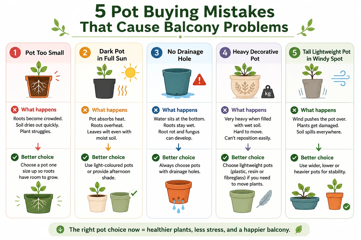Diagram showing common balcony pot buying mistakes and their effects on plants