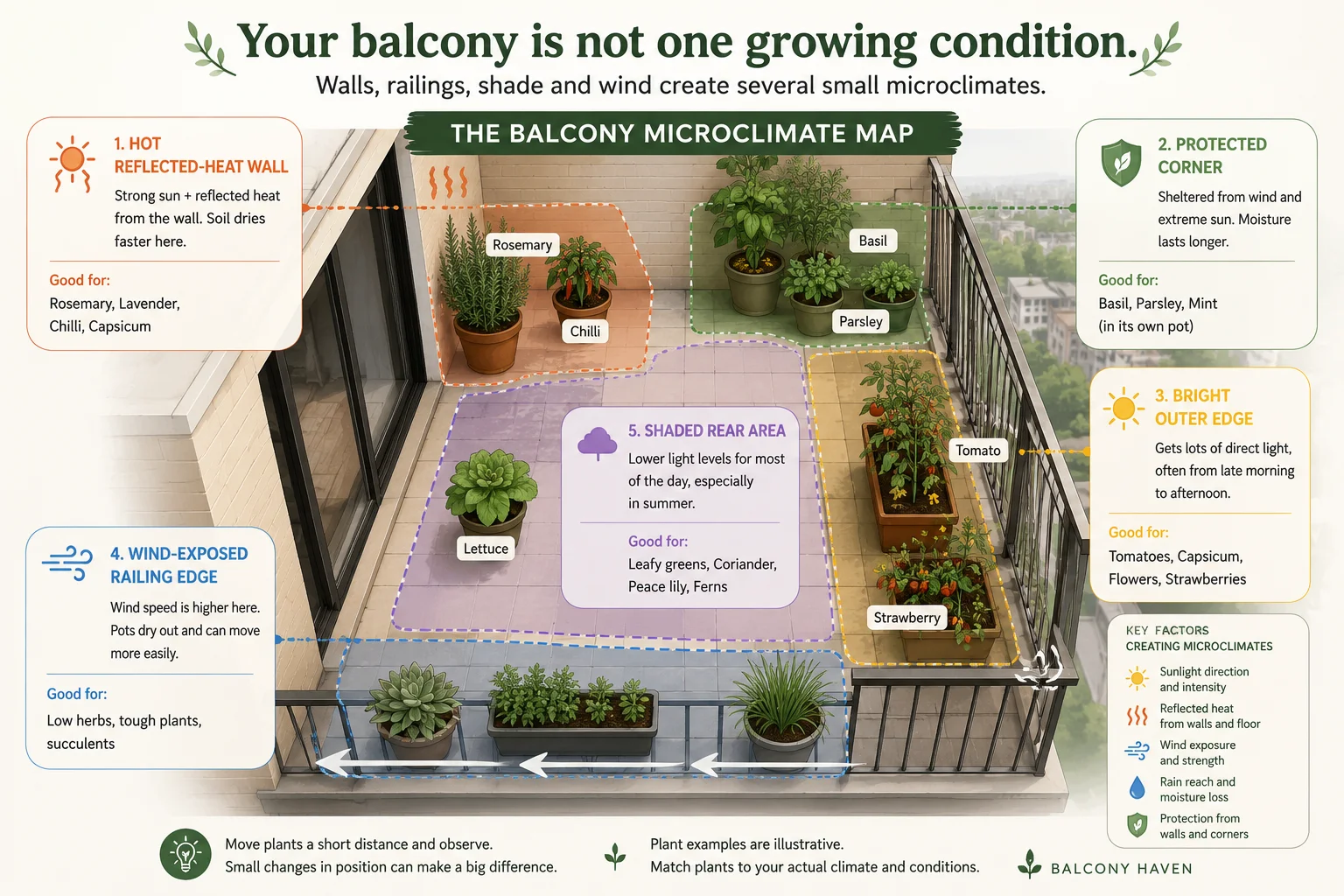 Balcony microclimate map showing a hot reflected-heat wall, protected corner, bright outer edge, windy railing area, shaded section, and suitable plant placement zones