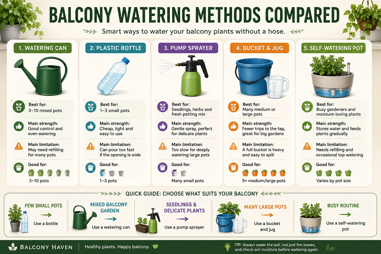 Comparison diagram showing hose-free balcony watering methods for different numbers of pots and plant sizes