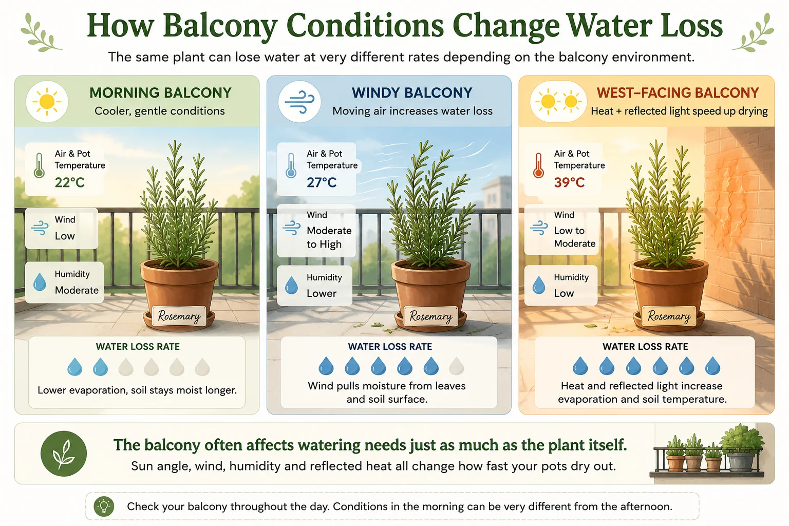 Diagram comparing how morning sun afternoon heat wind and reflected heat change water loss from balcony plant pots