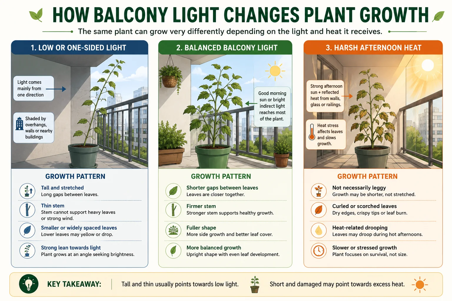 Comparison diagram showing plant growth in low light balanced light and harsh afternoon heat