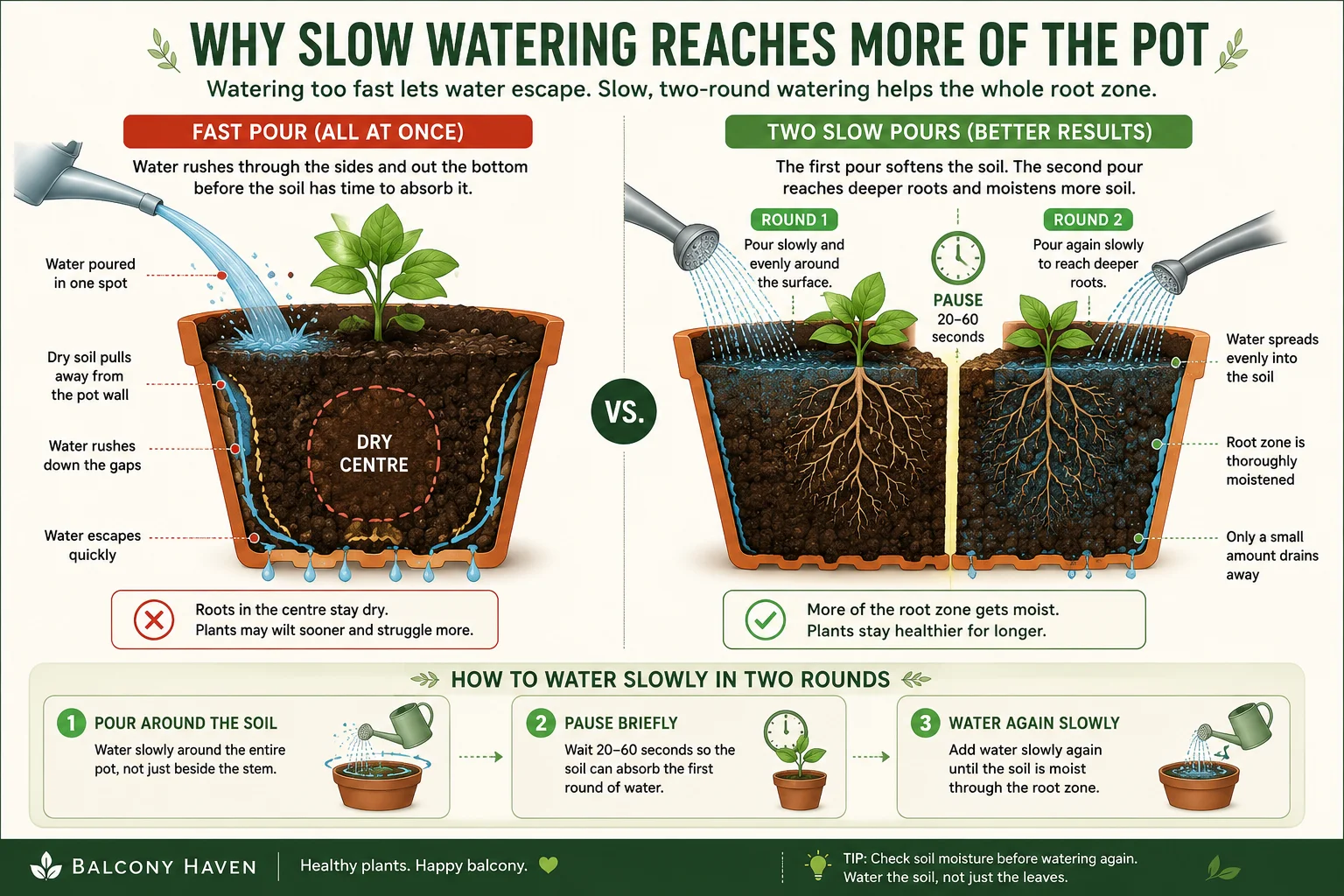 Cutaway diagram comparing fast watering that escapes around dry soil with slow two-round watering that moistens the balcony pot root zone