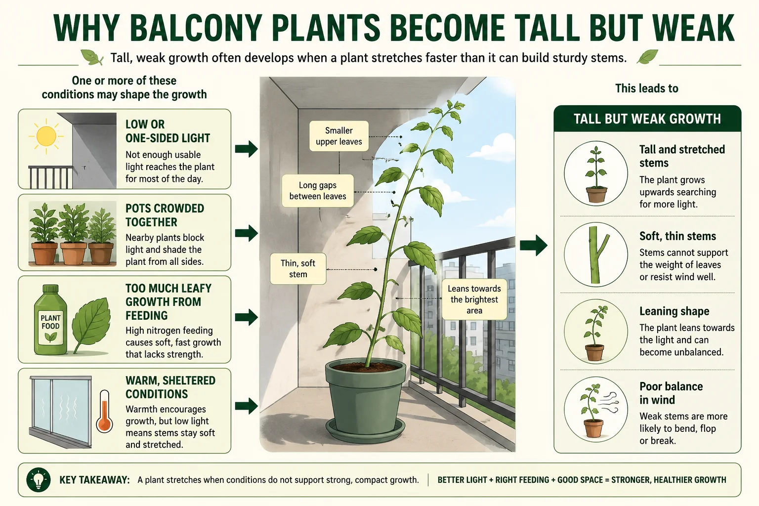 Cause and effect diagram showing why balcony plants develop tall weak stems