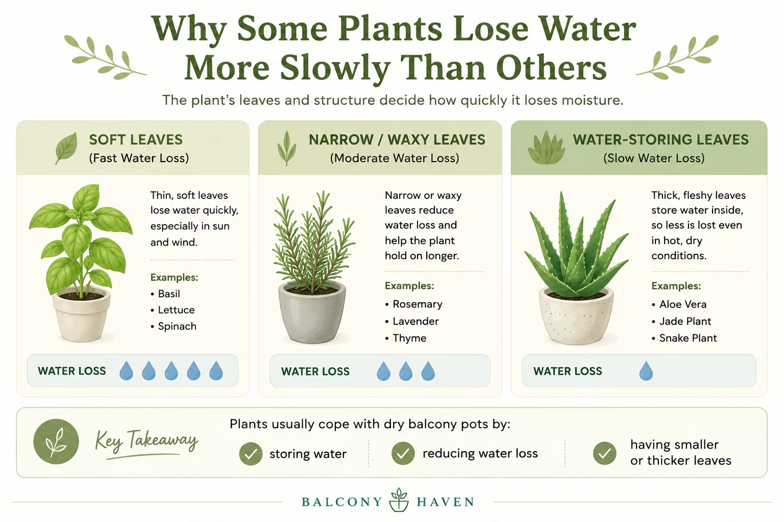 Diagram comparing soft broad leaves with waxy narrow and fleshy leaves to show why some balcony plants lose water more slowly
