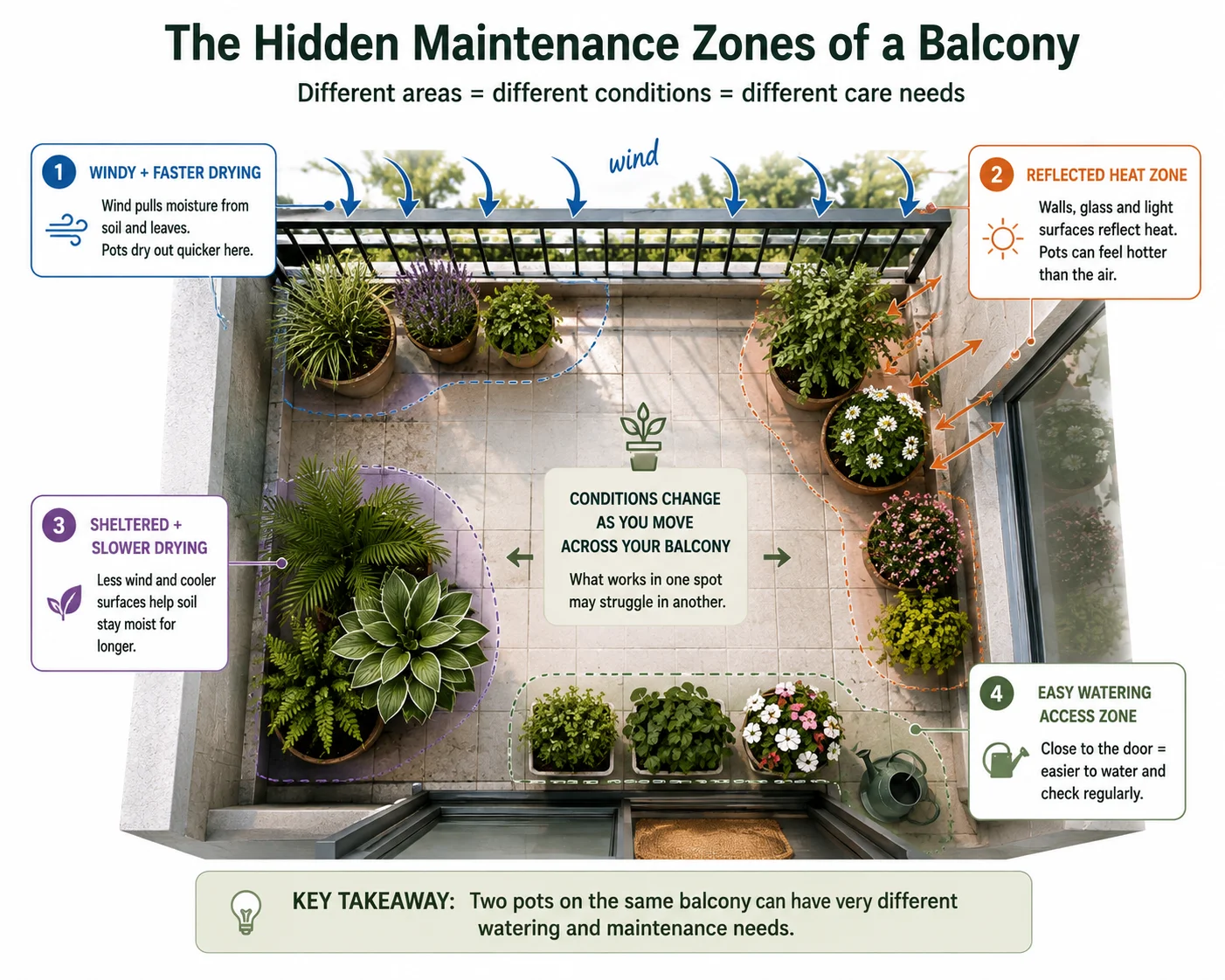 Hidden heat wind and watering zones of a balcony garden diagram