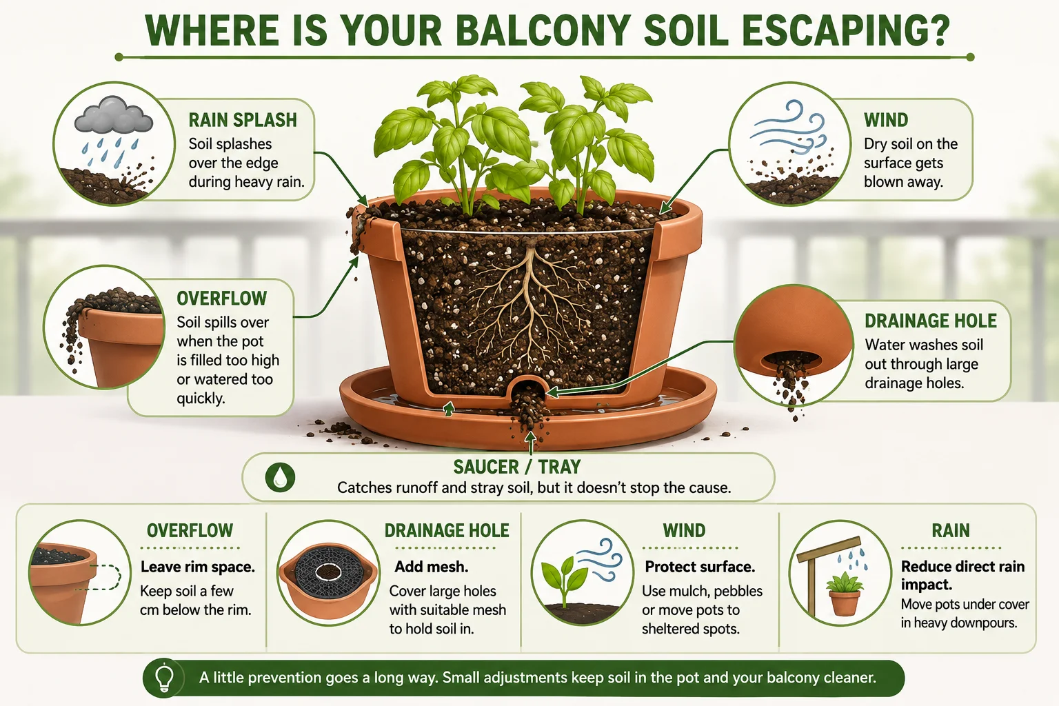 Diagram showing where soil escapes from balcony plant pots and how to reduce soil runoff