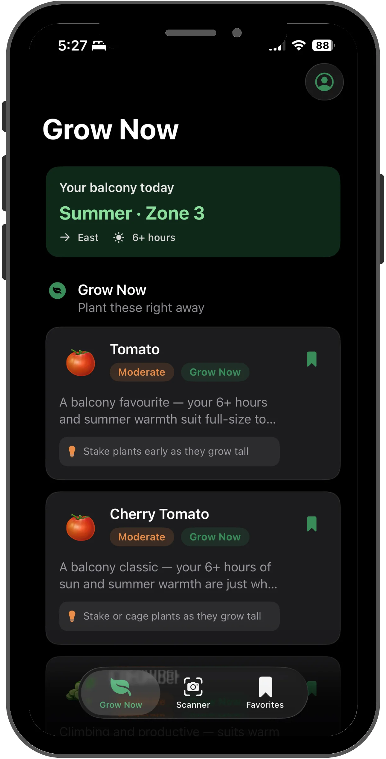 Havener Grow Now screen showing balcony plant recommendations