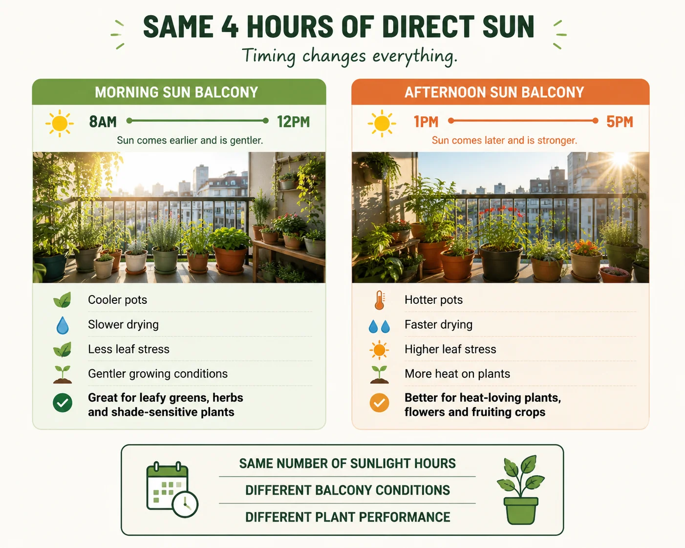 Diagram comparing four hours of gentle morning sun with four hours of strong afternoon sun on balcony plants