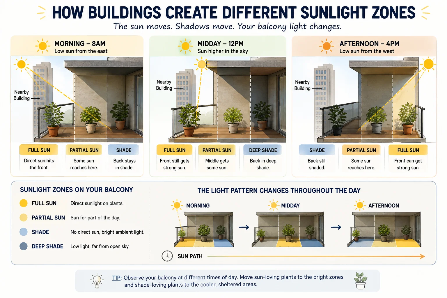 Diagram showing how a nearby building and balcony roof change direct sunlight between morning midday and afternoon