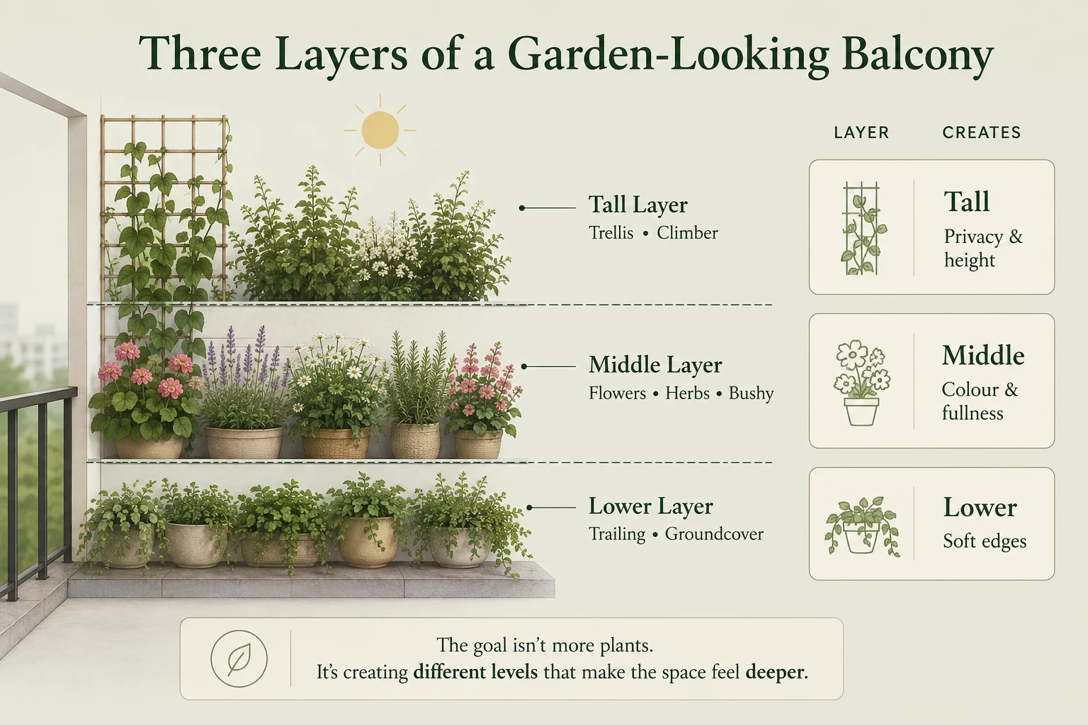 Three plant height layers that make a small balcony feel like a garden