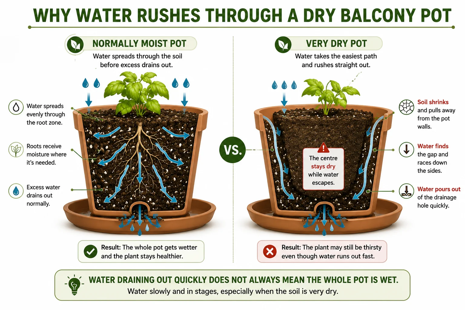 Diagram comparing water movement through evenly moist balcony potting mix and very dry soil